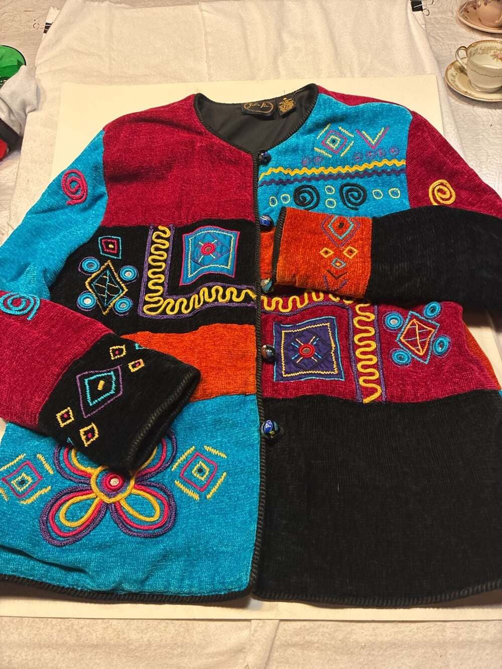 Julia Ken Vintage 90s Colorblock Embroidered Chenille Jacket with Mirror Detail